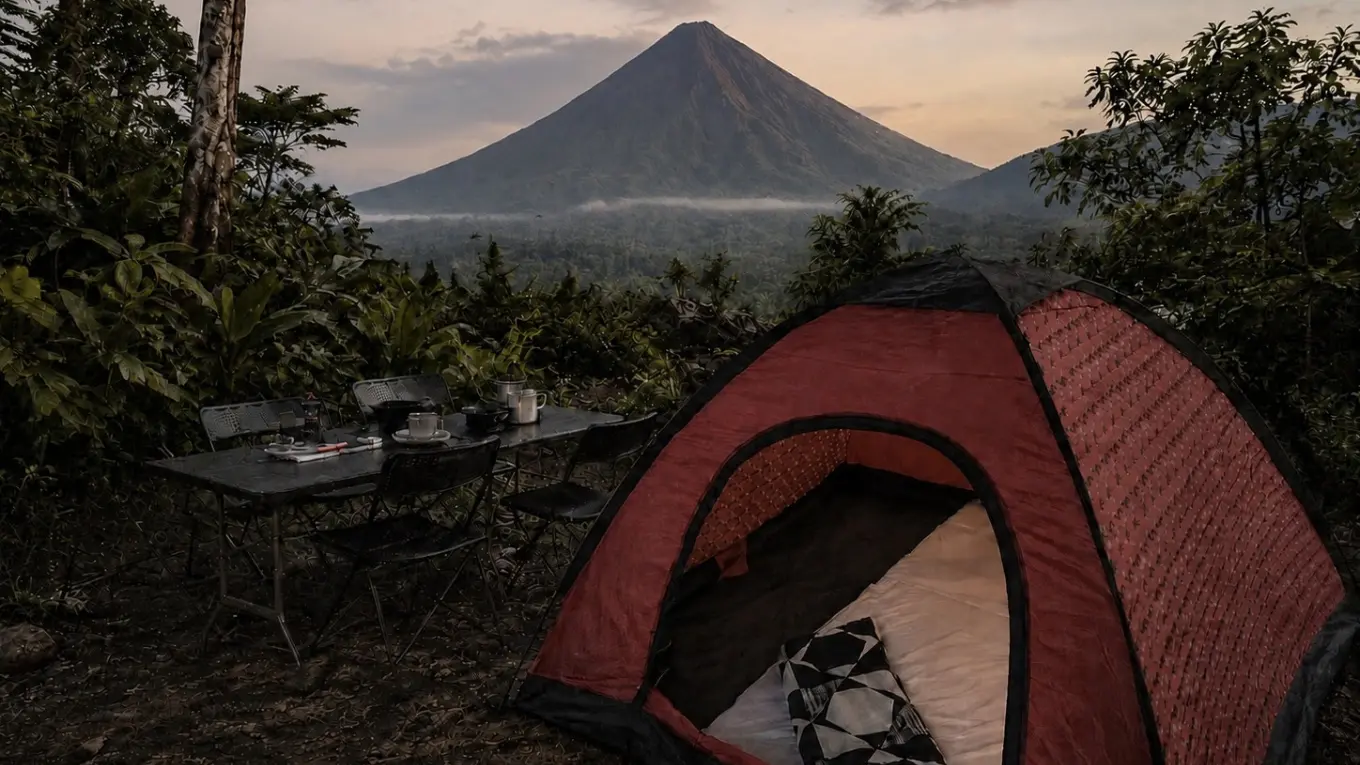 Red dome tent open to a pillow, beside a table and chairs, with a volcano rising at dusk behind