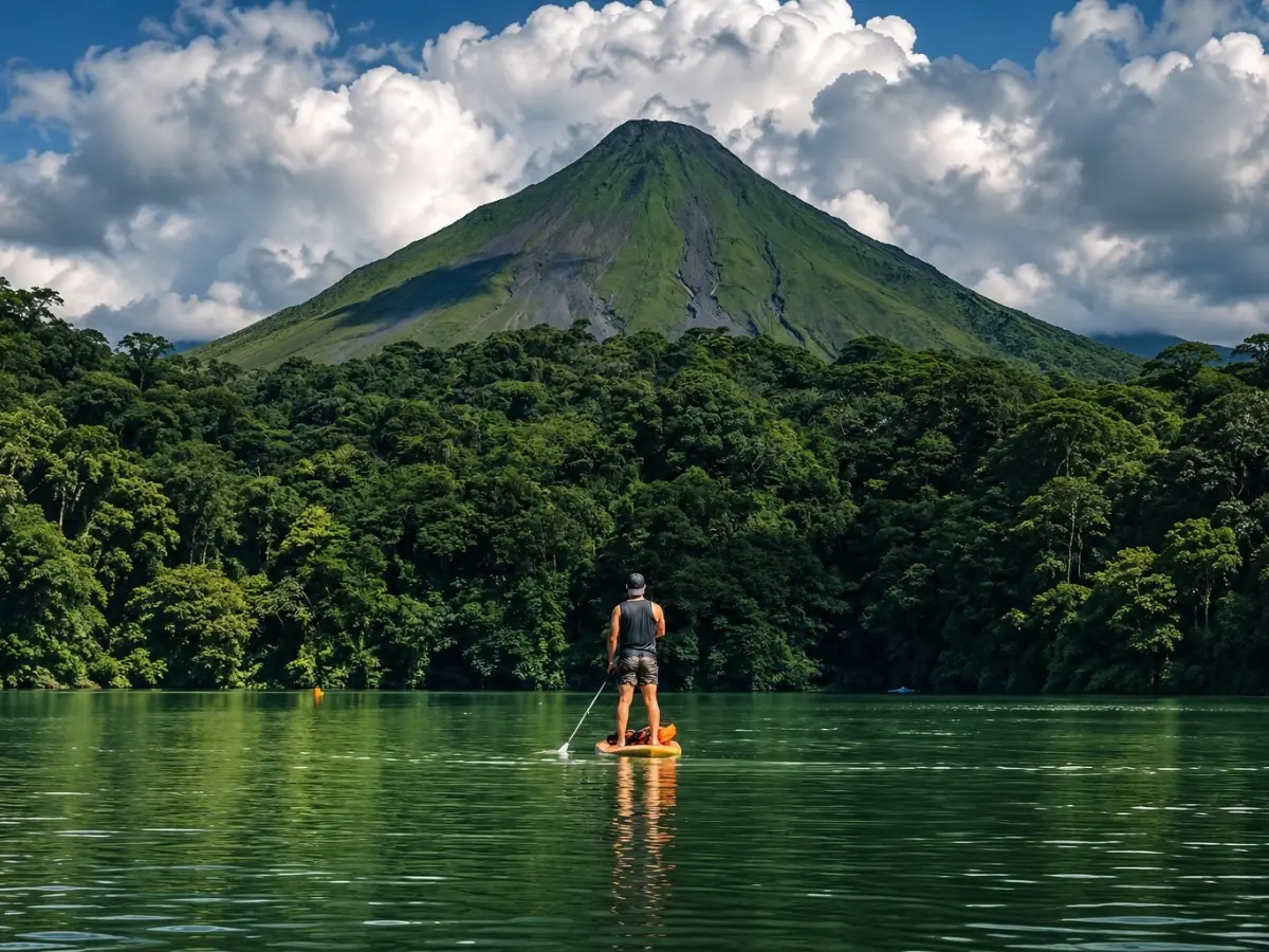 Una persona de pie en una tabla de paddle sobre una laguna verde, con el Volcán Arenal y el bosque denso al fondo