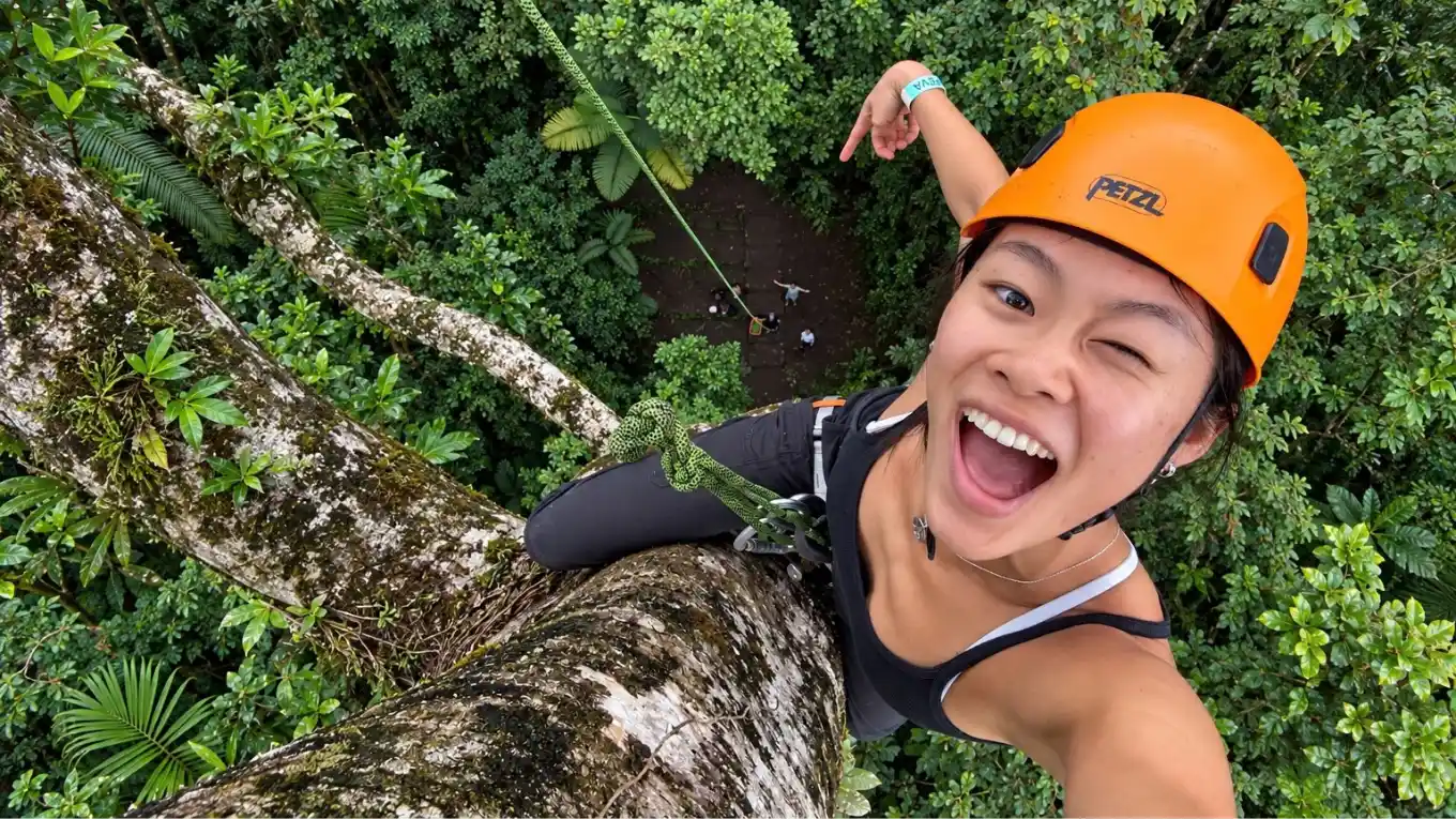 Smiling climber in an orange helmet taking a selfie high in a tree, with the forest floor far below