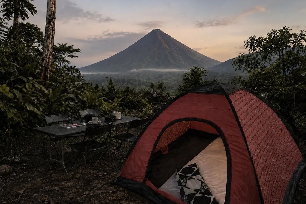 Red dome tent and a table in the forest at dusk, with Arenal Volcano in the distance