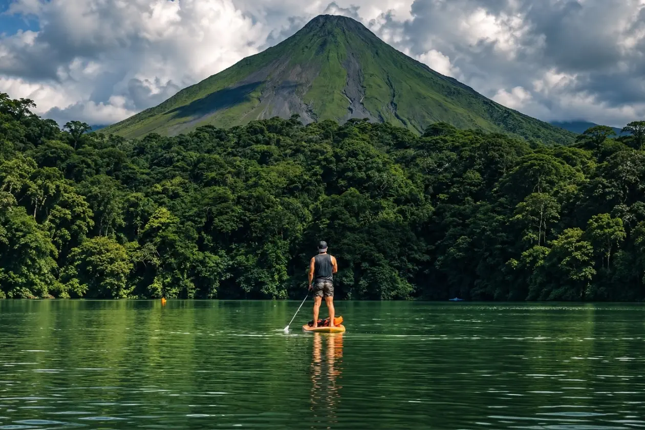 Persona de pie sobre una tabla de remo en una laguna verde, bajo el volcán Arenal y colinas cubiertas de bosque