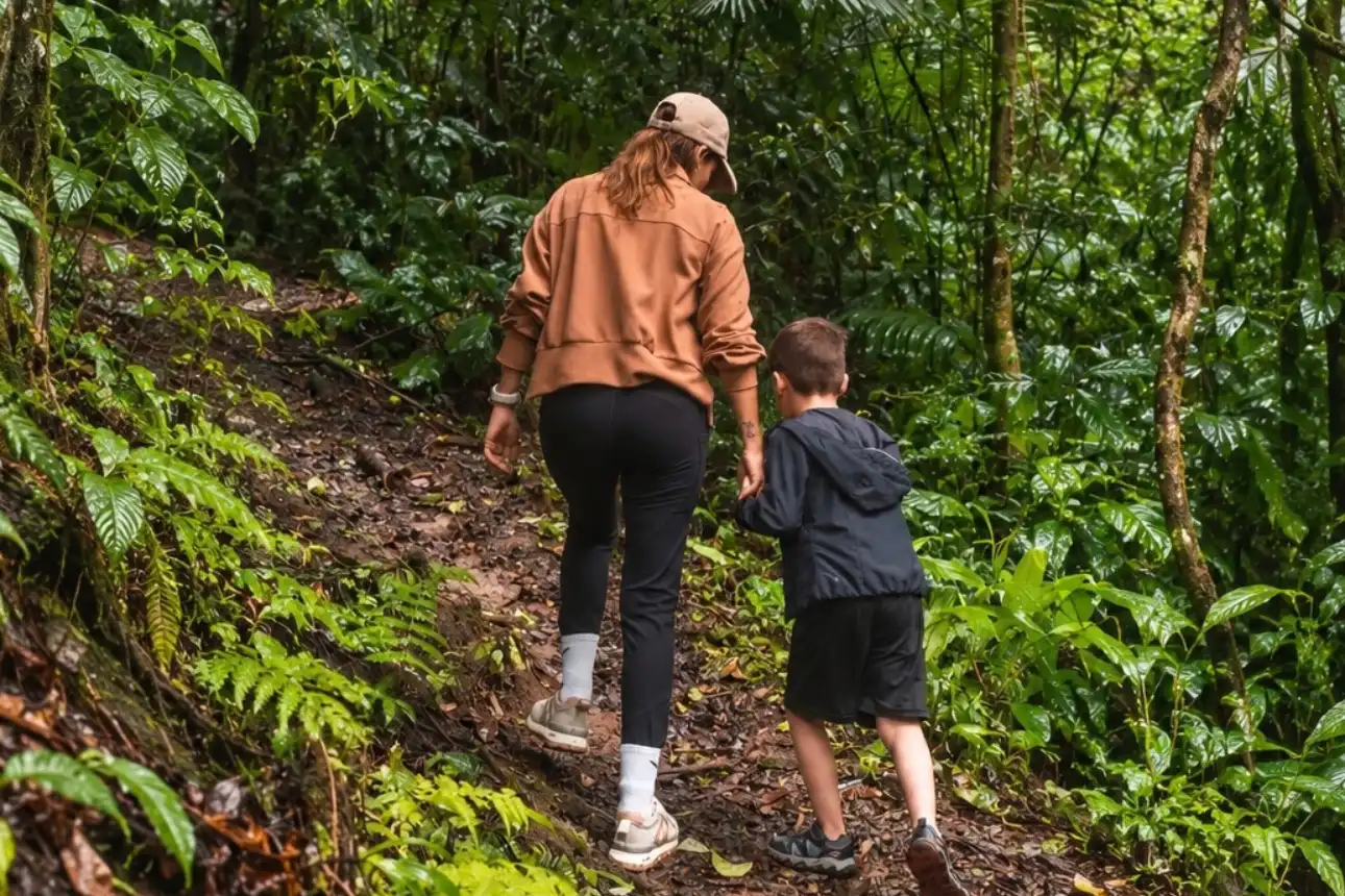 Adulta y niño que suben por un sendero de tierra en medio de un bosque denso con helechos