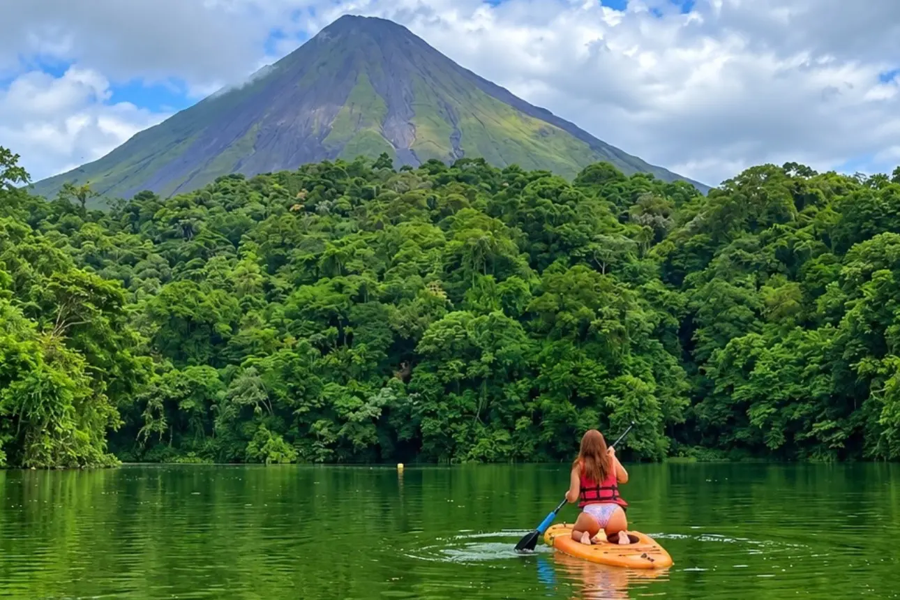 Tienda de campaña roja y una mesa en el bosque, con el volcán Arenal elevándose a la luz de la tarde