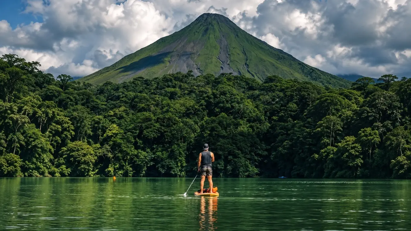Person standing on a paddleboard on a still green lake, with Arenal Volcano and dense forest behind