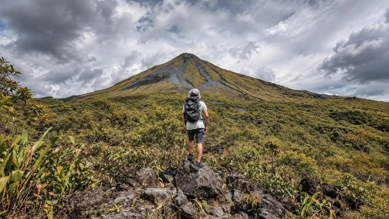 Senderista con mochila de pie sobre rocas en la ladera del volcán, bajo un cielo nublado
