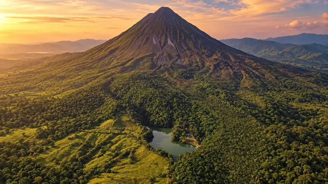 Volcán Arenal al atardecer sobre el bosque y una pequeña laguna, con luz anaranjada