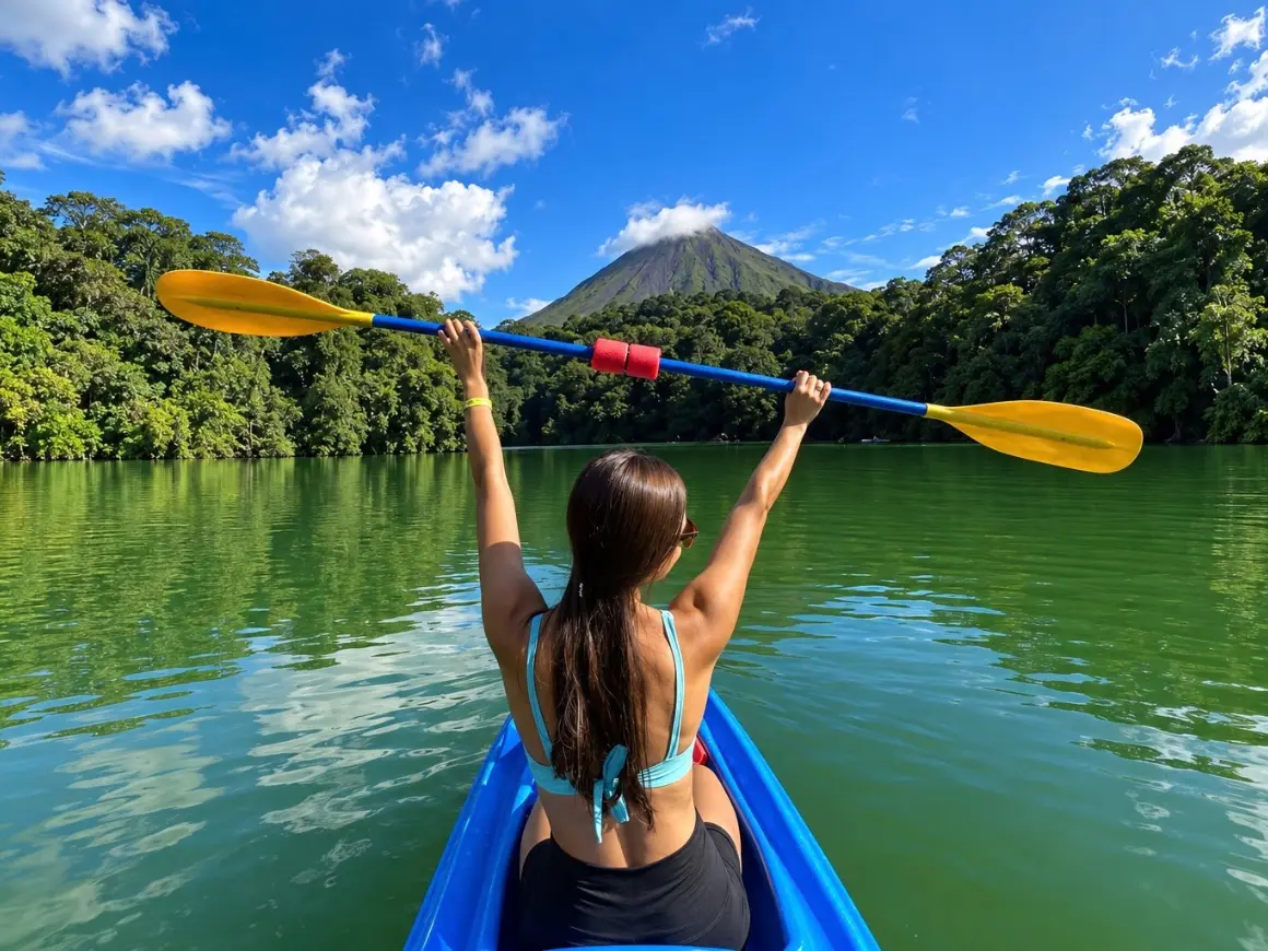 Kayaker raising a paddle on a green lagoon with Arenal Volcano ahead