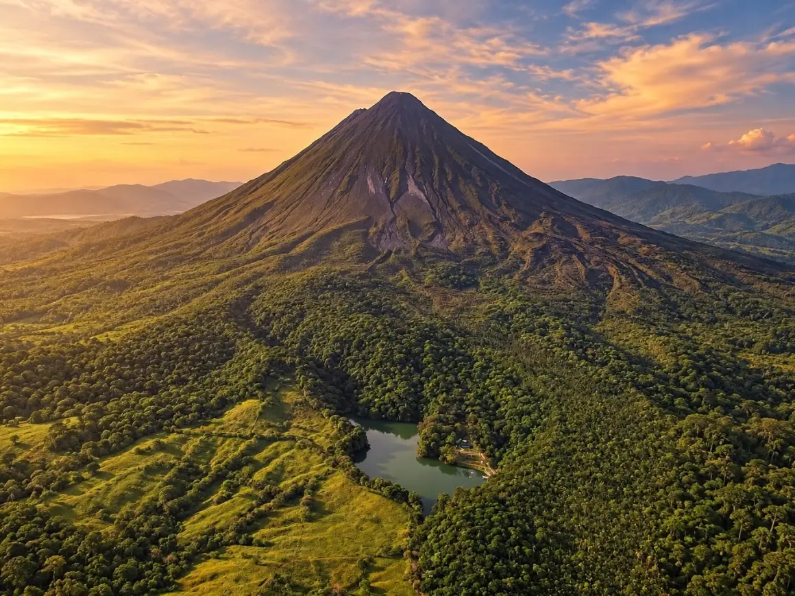 Aerial view of Arenal Volcano at sunset above forest, pasture and a small lagoon